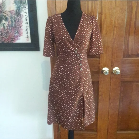 Romantic Vintage French Inspired Polkadot Wrap Dress Chocolate Brown 40s Size XS - Picture 3 of 11